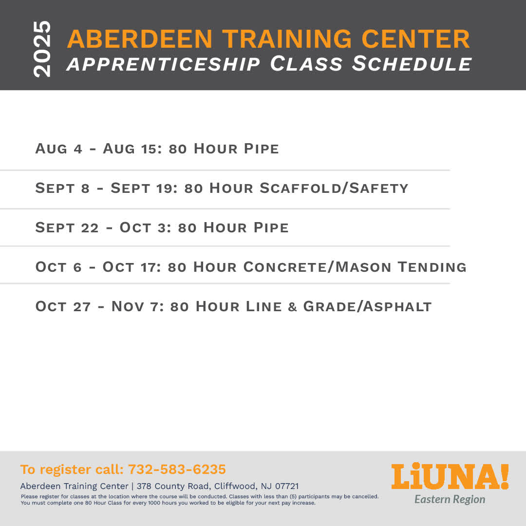 LiUNAEasternReg's tweet photo. 🚨 ATTENTION APPRENTICES: here's the updated 2025 #apprenticeship #Trainingschedule, broken out by location.
@LIUNA @Local172SET & Local 472 SET have classes starting NEXT WEEK.
LIUNA Eastern Region apprentices can take classes at any location. https://t.co/qeogiNmiJE