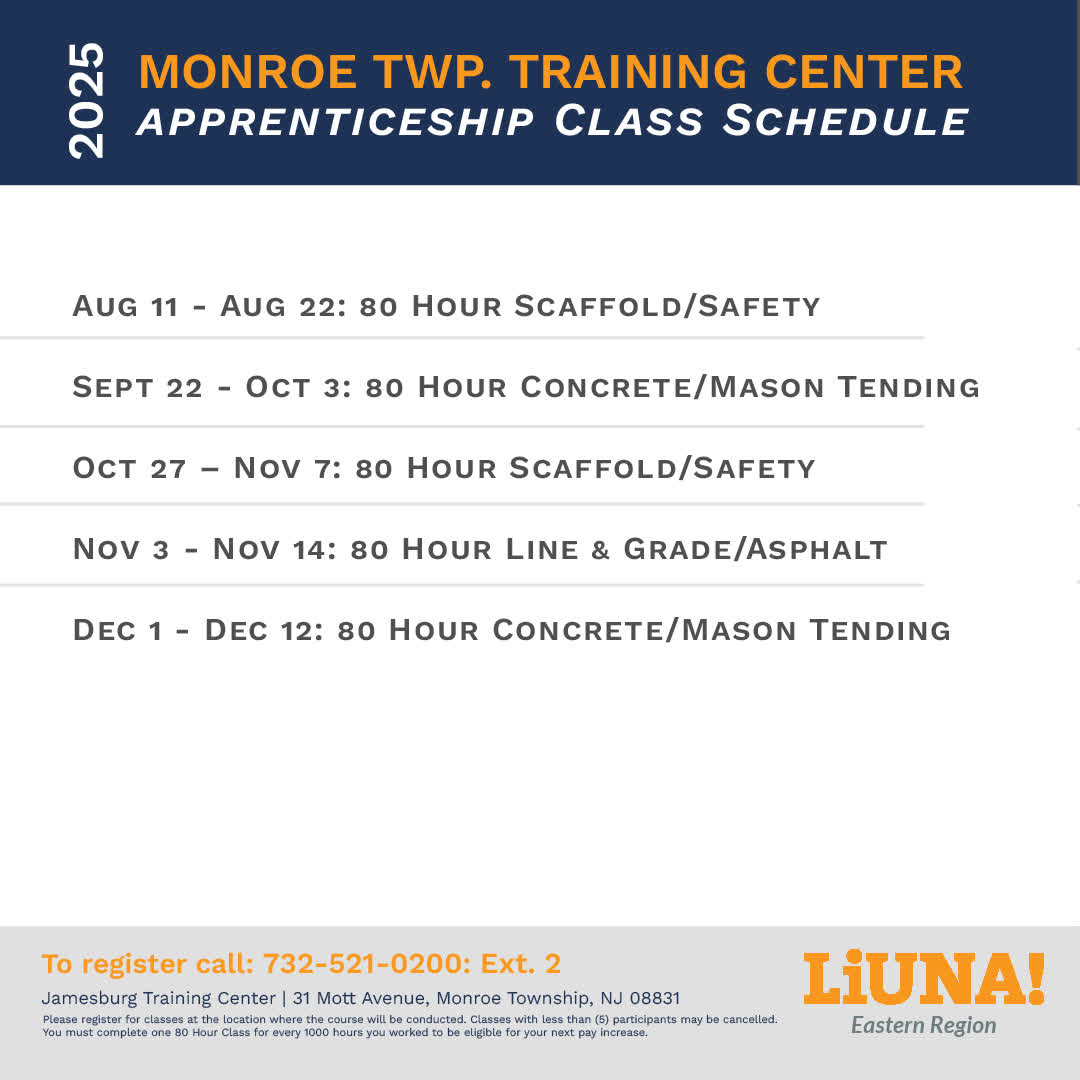 LiUNAEasternReg's tweet photo. 🚨 ATTENTION APPRENTICES: here's the updated 2025 #apprenticeship #Trainingschedule, broken out by location.
@LIUNA @Local172SET & Local 472 SET have classes starting NEXT WEEK.
LIUNA Eastern Region apprentices can take classes at any location. https://t.co/qeogiNmiJE