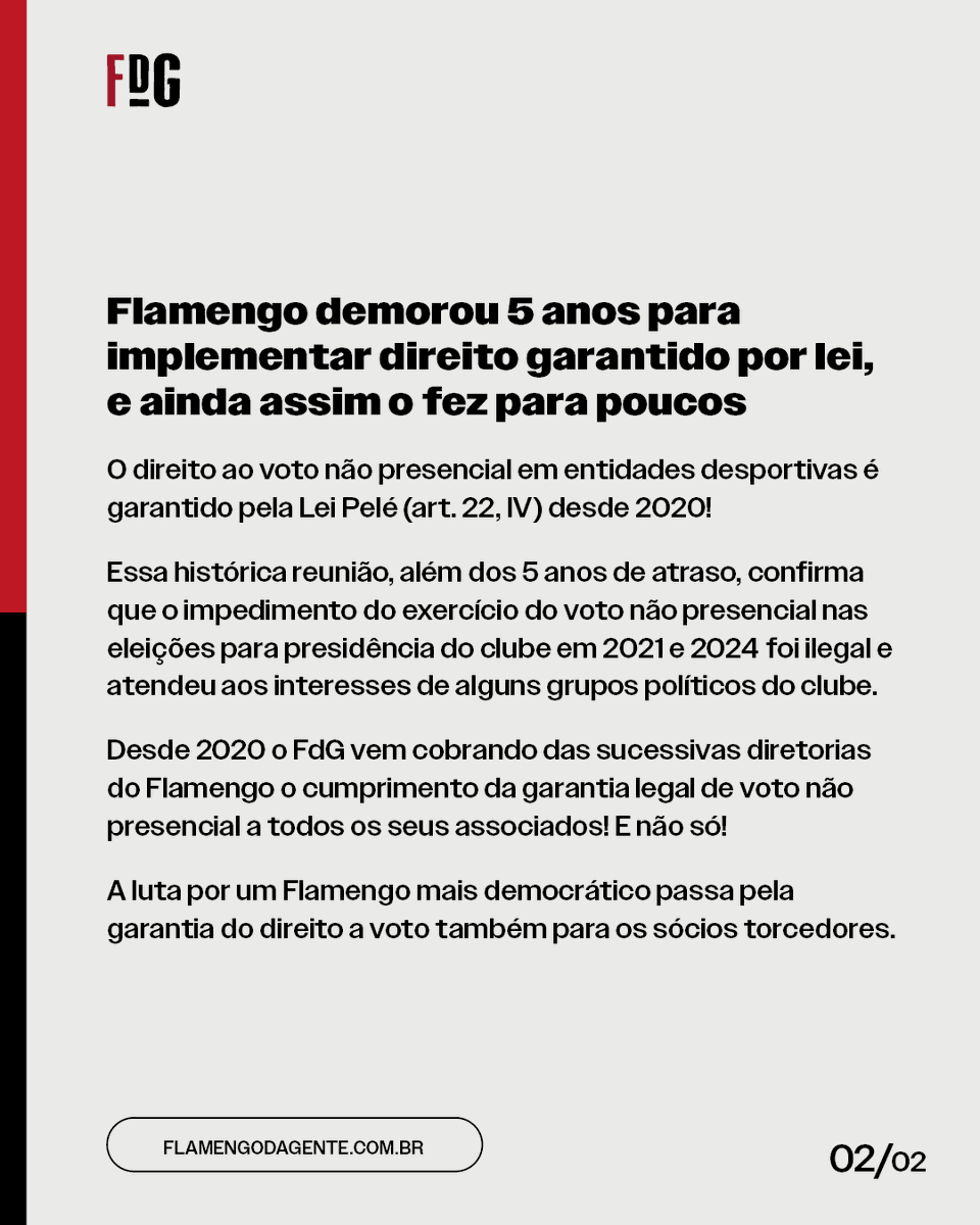 Flamengo anunciou a realização da primeira reunião do Conselho Deliberativo com participação não presencial.
O direito ao voto não presencial em entidades desportivas é garantido pela Lei Pelé (art. 22, IV) desde 2020!