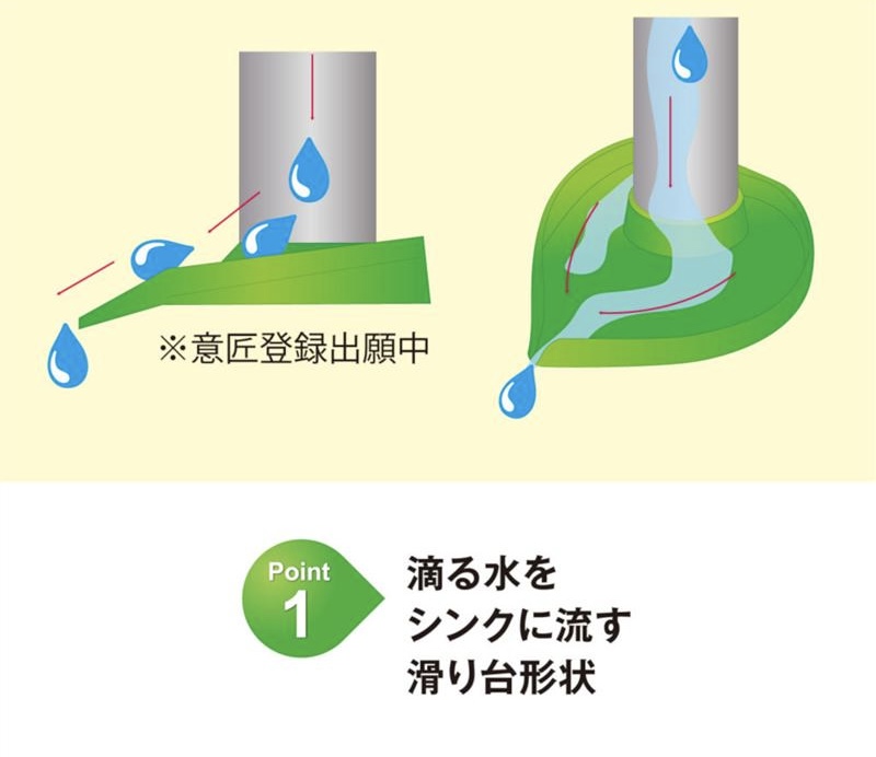 蛇口まわりのビチャビチャ地獄、ついに終止符。水が垂れてもスーッとシンクへ直行。葉っぱ型のちっちゃい滑り台が地味に神。もう拭くストレスゼロだし、水アカ掃除から解放された。なんで今までなかったんこれ…