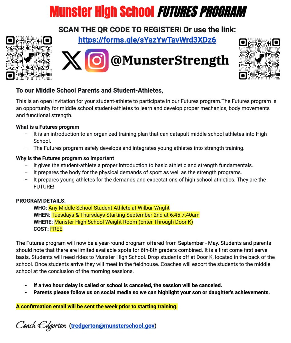 FUTURES REGISTRATION IS OPEN!!!

Reminders:
- Wilbur Wright Student-Athletes (6-8th)
- Tuesdays &amp; Thursdays 
- 6:45-7:40am
- Drop Off (Door K)

LETS GOOO! <a href="/Munster_Sports/">MHS Athletics</a> @WIlburWright_MS <a href="/bojansayspotato/">Bojan Jovanovic</a>