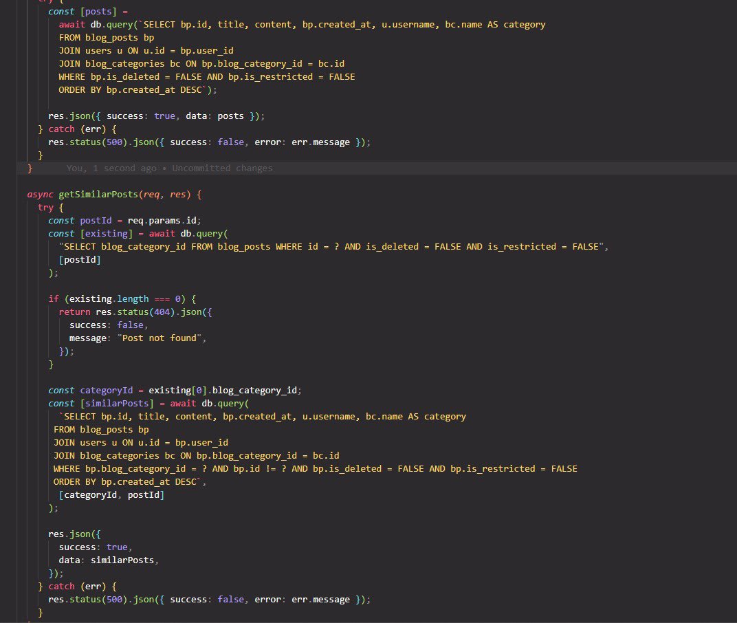 I_codeDev's tweet photo. Endpoint expansion &amp; post filtering in my Blog-API

New Update:
-Added single post endpoint
-Added similar post endpoint 
-Added post existence check for update, get &amp; delete
-Implemented get-my-posts (filter by user ID)
 
Steadily refining &amp; securing my API 

#NodeJS #BackendDev https://t.co/KGRlXt5MLw
