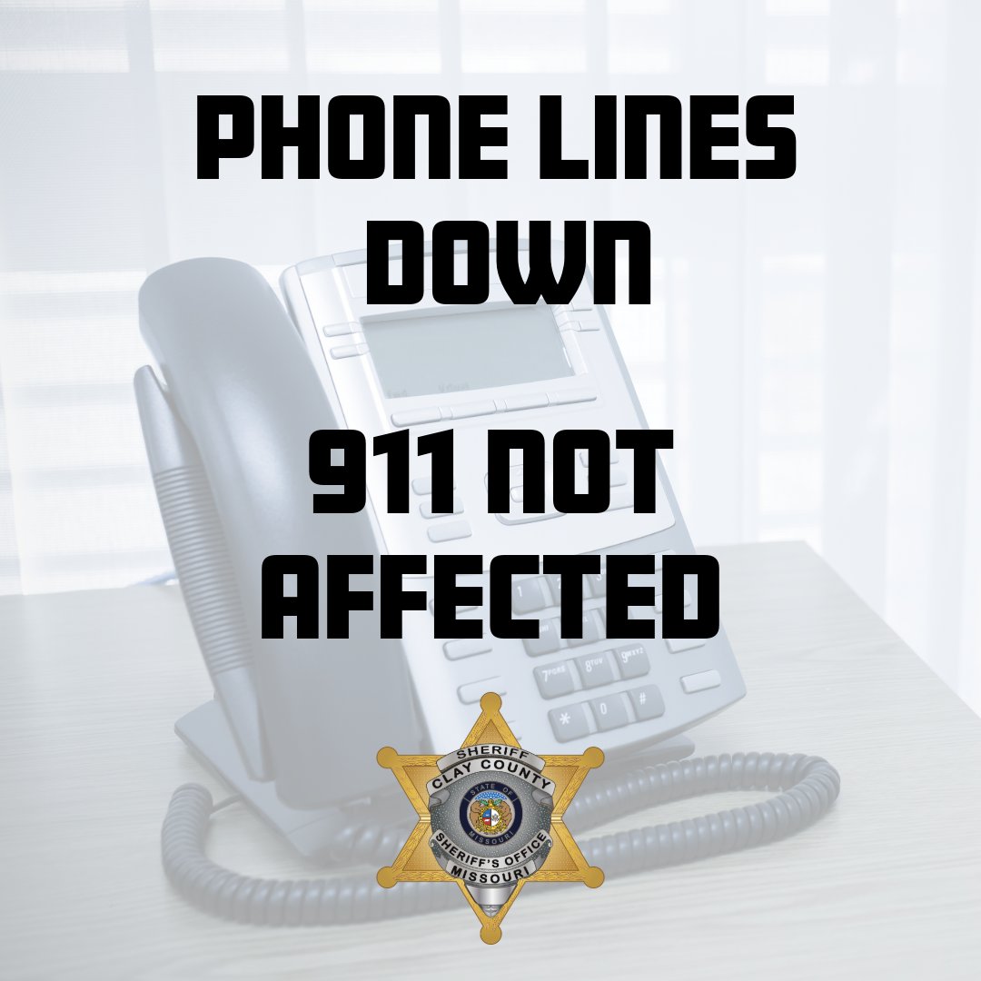 Clay County, Missouri Sheriff (@sheriffclayco) on Twitter photo All our phone lines will be down for scheduled upgrades about 5 PM-12 AM tomorrow, Aug. 1.
911 will NOT be affected.
Our non-emergency number, 816-407-3700, also shouldn't be affected. If it is, call the <a href="/libertymopd/">Liberty, Missouri Police Department</a> non-emergency number at 816-439-4701. They'll relay info to us. All our phone lines will be down for scheduled upgrades about 5 PM-12 AM tomorrow, Aug. 1.
911 will NOT be affected.
Our non-emergency number, 816-407-3700, also shouldn't be affected. If it is, call the <a href="/libertymopd/">Liberty, Missouri Police Department</a> non-emergency number at 816-439-4701. They'll relay info to us.