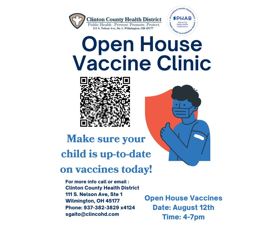 Reminder!!

Vaccine Clinic at Open House!

📅 August 12th
🕓 4 PM – 7 PM
📍 Clinton-Massie Local Schools

💉 Vaccines available for students—get ready for the school year!

📲 Scan the QR code to complete the necessary information before arriving to the vaccine open house.