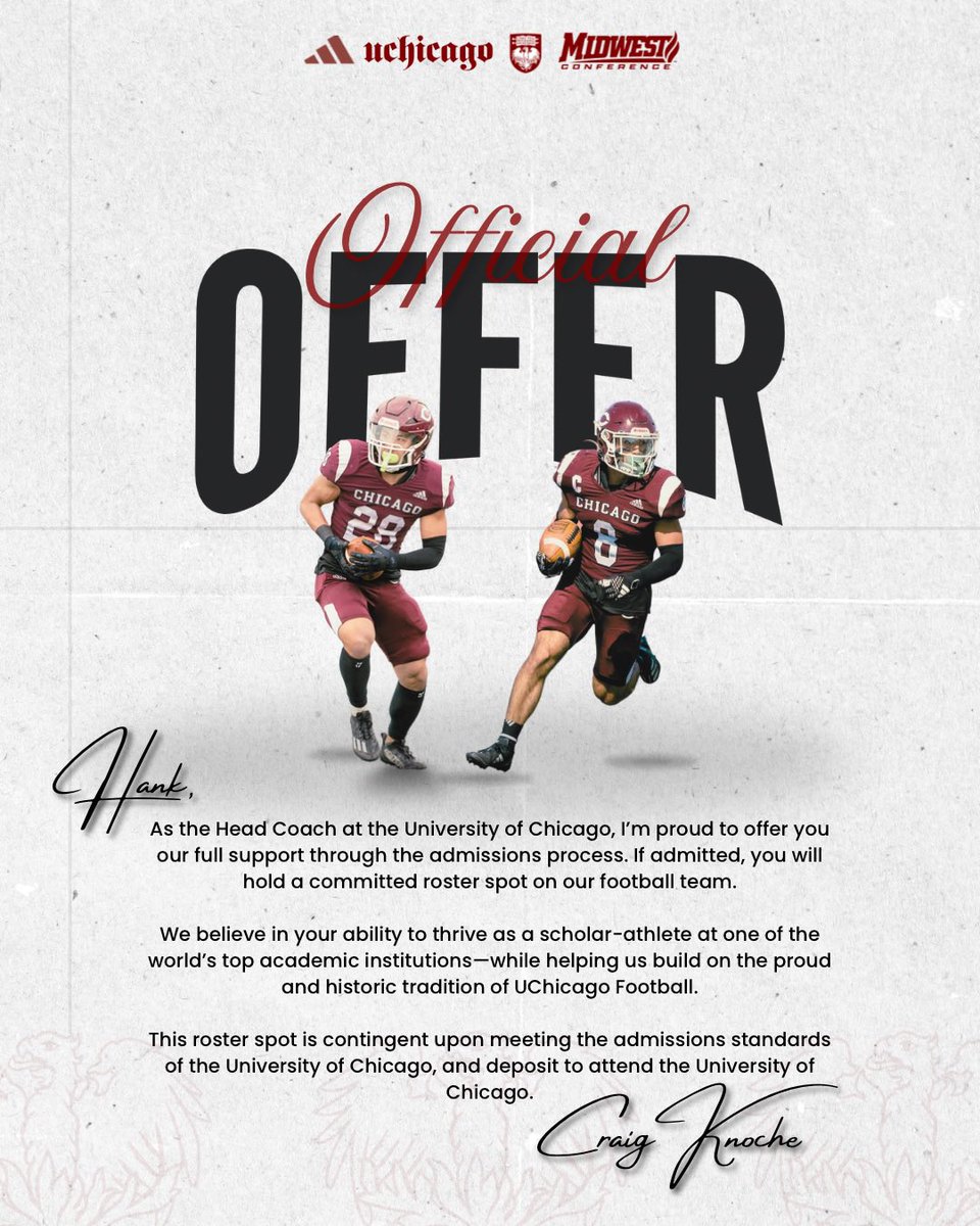 Hank Phenicie (@hankphenicie) on Twitter photo After a great visit and conversation with <a href="/Coach_Karlson/">Erik Karlson</a> yesterday, I’m excited to have received an offer from <a href="/UChicagoFB/">UChicago Football</a>!
<a href="/Coach_J_Nelson/">Coach Jason Nelson</a> <a href="/CoachTurnquist/">Scott</a> <a href="/JoelJanak/">Joel Janak</a> <a href="/CoachMillz_/">Millz2BeMade Training</a> <a href="/sds_shackelford/">Steven Shackelford</a> After a great visit and conversation with <a href="/Coach_Karlson/">Erik Karlson</a> yesterday, I’m excited to have received an offer from <a href="/UChicagoFB/">UChicago Football</a>!
<a href="/Coach_J_Nelson/">Coach Jason Nelson</a> <a href="/CoachTurnquist/">Scott</a> <a href="/JoelJanak/">Joel Janak</a> <a href="/CoachMillz_/">Millz2BeMade Training</a> <a href="/sds_shackelford/">Steven Shackelford</a>