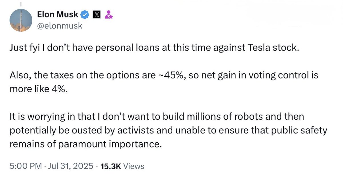 Elon Musk says he doesn’t have any personal loans at this time against his Tesla stock. 

“It is worrying in that I don't want to build millions of robots and then potentially be ousted by activists and unable to ensure that public safety remains of paramount importance.”