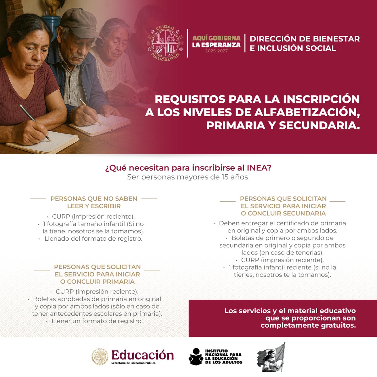 En Ciudad Naucalpan no queremos que nadie se quede atrás, te invitamos a continuar tus estudios a través del programa nacional INEA.
Conoce los requisitos para la inscripción a los niveles de alfabetización, primaria y secundaria.

#CiudadNaucalpan
#AquíGobiernaLaEsperanza