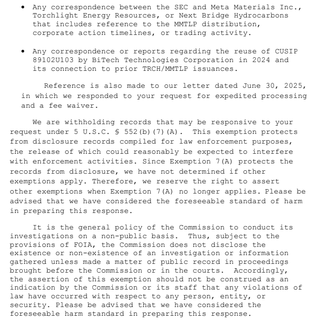 FOIA Request Denied.  They are forcing us to use legal action to get SEC correspondence.  Its ridiculous how they are allowed to have ZERO transparency. They dont even have to disclose anything to congress. "We cant confirm or deny any investigation, and we wont disclose the