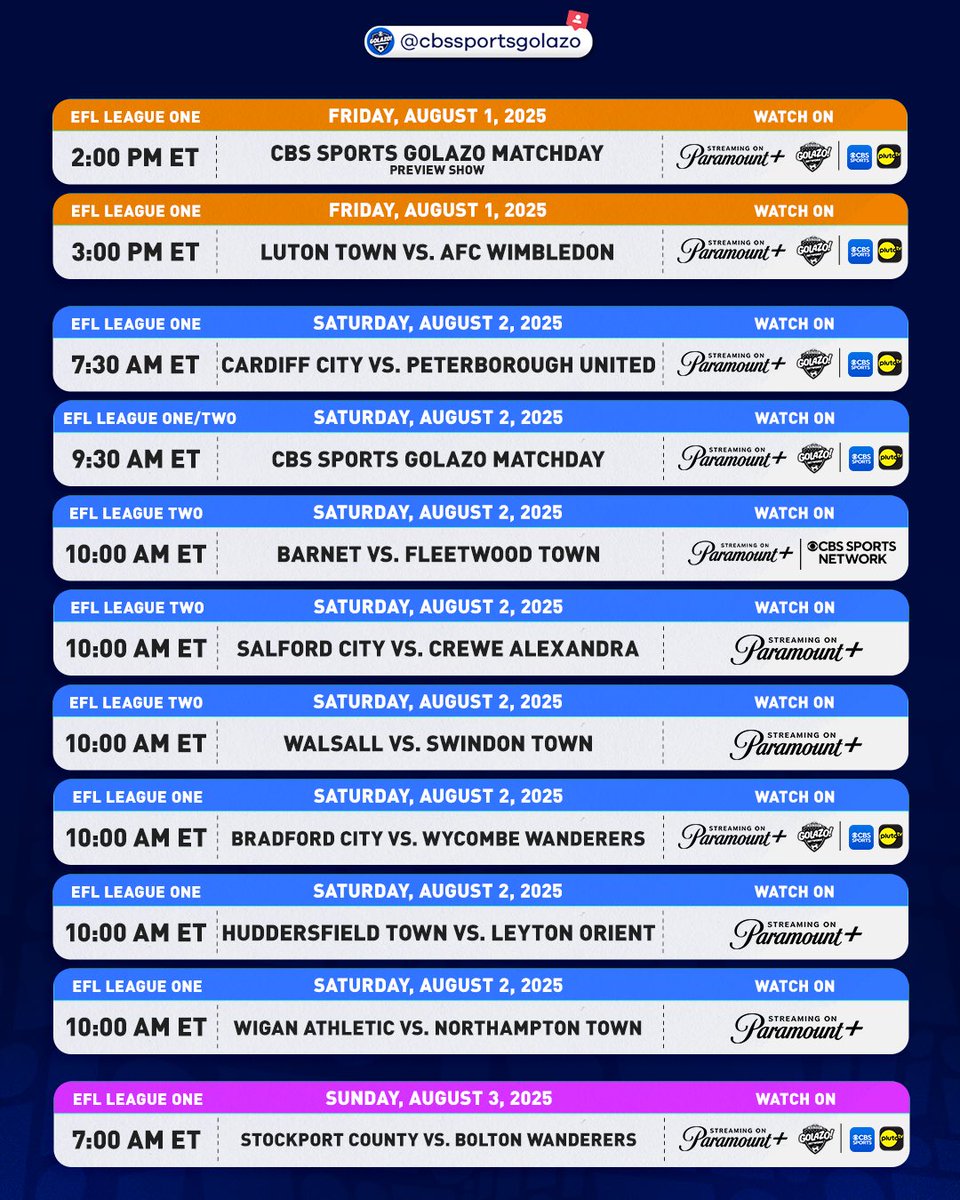 CBS Sports Golazo ⚽️ (@cbssportsgolazo) on Twitter photo The EFL League One and League Two 2025/26 season kicks off tomorrow 🚨🤩
Catch all the action on <a href="/paramountplus/">Paramount+</a> and CBS Sports Golazo Network 📺 The EFL League One and League Two 2025/26 season kicks off tomorrow 🚨🤩
Catch all the action on <a href="/paramountplus/">Paramount+</a> and CBS Sports Golazo Network 📺