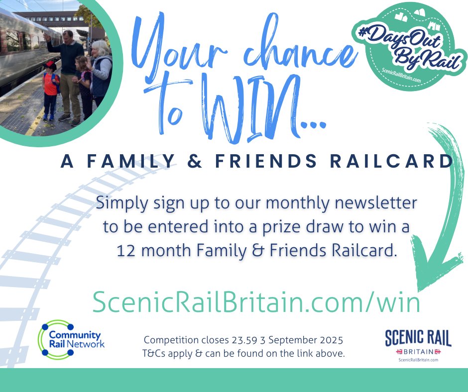 Competition time!
Make sure you’re signed up to our newsletter to receive monthly inspiration for your next rail adventure, by the 3 September and be entered into our #DaysOutByRail competition to win a Family &amp;  Friends <a href="/_Railcards/">Railcards</a>. Sign up here: scenicrailbritain.com/win/