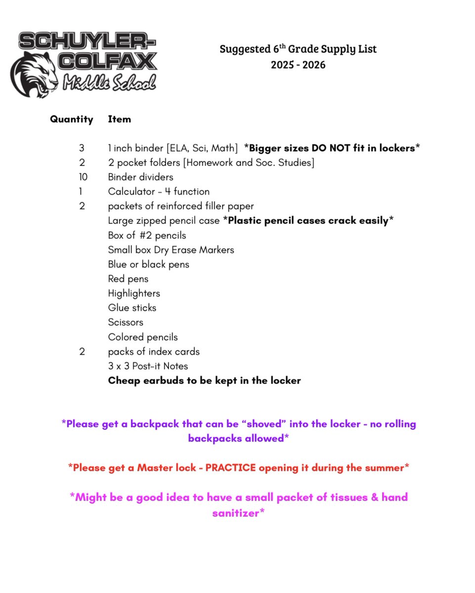 SCMS School Supply List