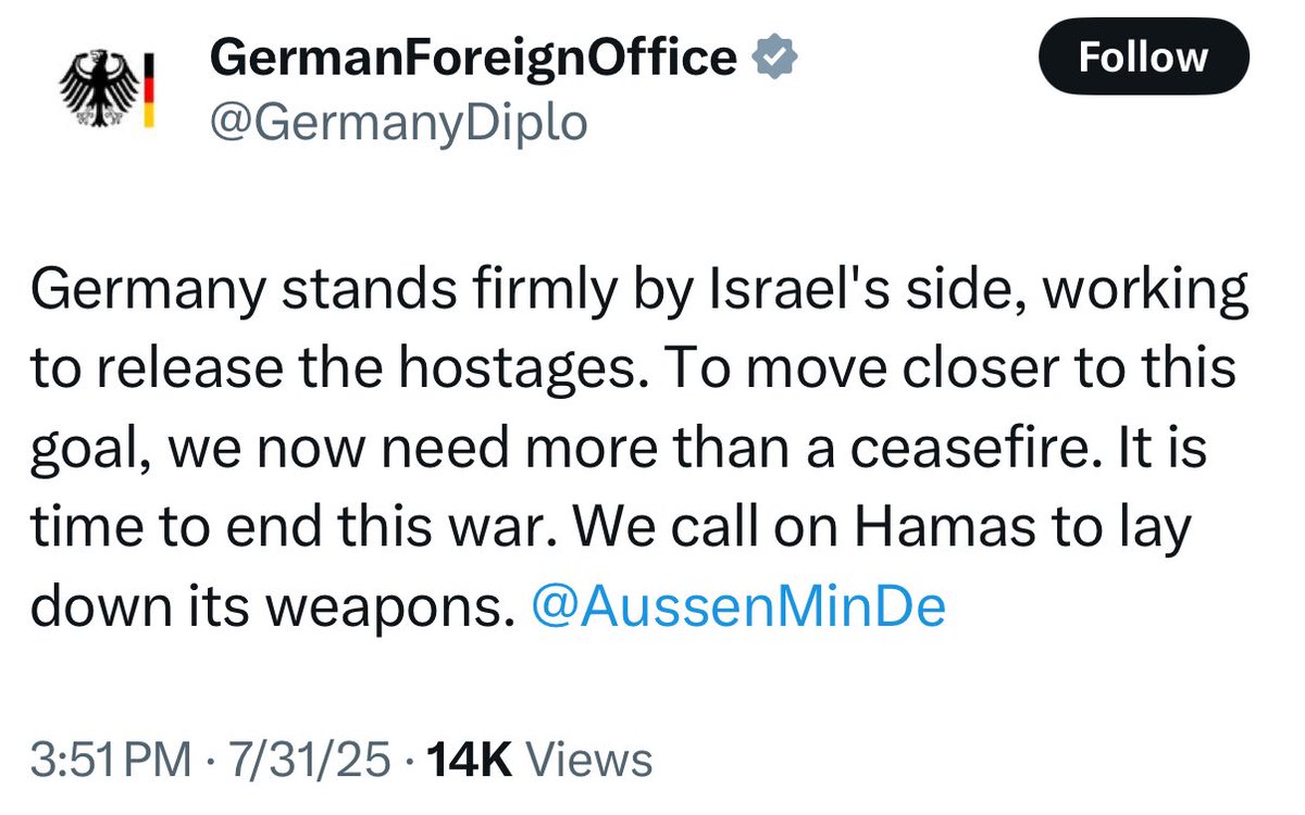 BREAKING: Germany reaffirms that Hamas is the obstacle to a ceasefire, demanding that they lay down their arms and surrender.