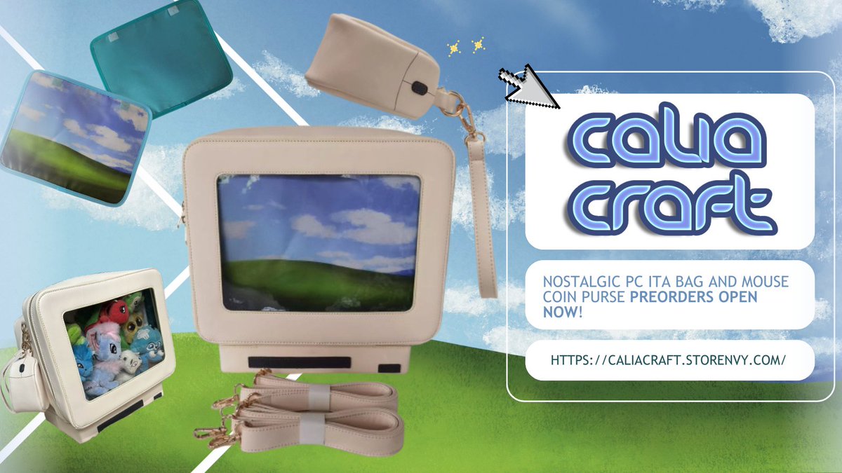 SURPRISE! I'm so excited to launch my secret project I've been working on! 

My nostalgic PC Ita bags &amp; Mouse coin purse are available to preorder NOW! 💙

These are the perfect bags for those of us nostalgic for the good ol' days of the home computer~

caliacraft.storenvy.com