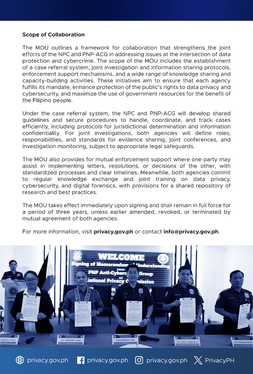 PRESS RELEASE

NPC, PNP-ACG strengthen cybercrime response and data protection through strategic collaboration 

Read more below or on our website: privacy.gov.ph/npc-pnp-acg-st…

#PrivacyPH