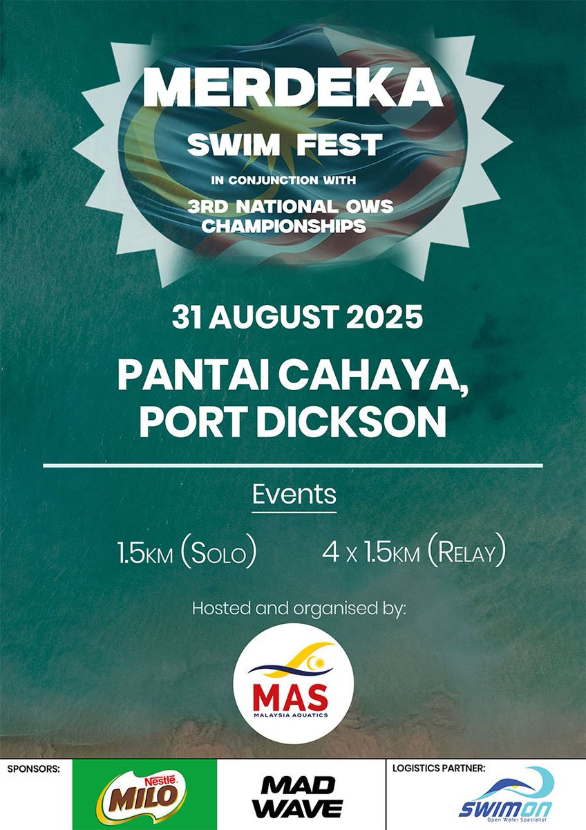 twtswimming's tweet photo. Pendaftaran Merdeka Swim Fest di extend hingga 5 Ogos 2025! Masih sempat untuk mendaftar.

Jom kita ramaikan lagi Pantai Cahaya Port Dickson 31 Ogos 2025 nanti!

Link Daftar:
https://t.co/DWuWpxwMRI

#ows #openwaterswimming #Merdeka #Merdeka2025 https://t.co/gJbjwSpAYj