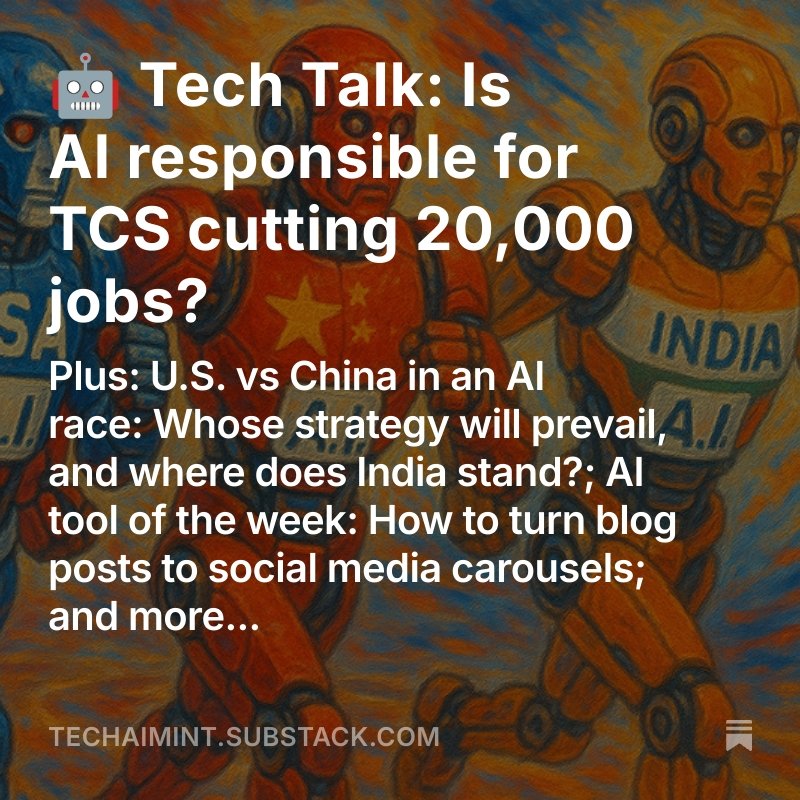 In today's edition of Tech Talk, <a href="/ldmonte/">Leslie D'Monte</a> writes about:

🤖 Is artificial intelligence the reason why TCS cut 12,000 jobs?

That's not the case, writes <a href="/ldmonte/">Leslie D'Monte</a>.

Read that, plus more, in this week's edition of Tech Talk.

Read and subscribe here:

open.substack.com/pub/techaimint…