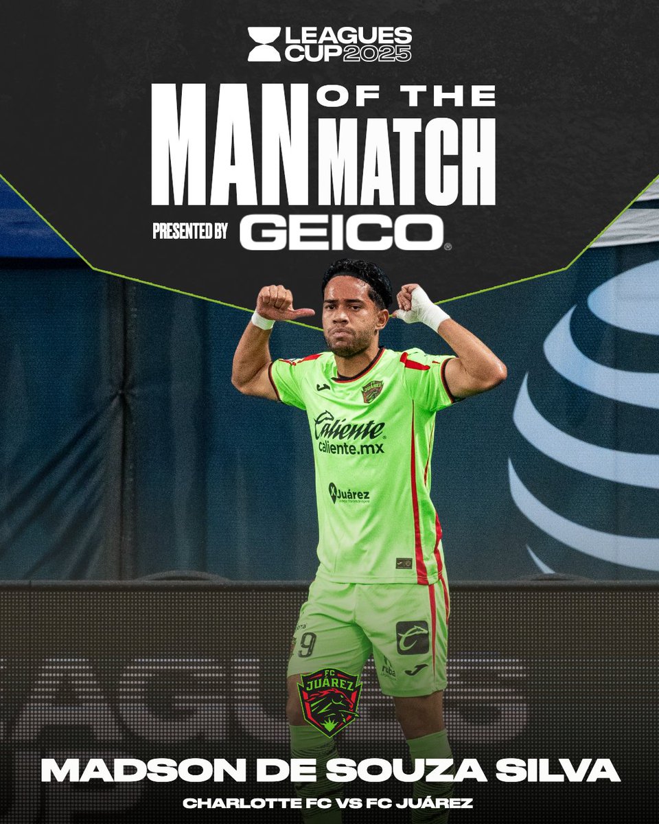 The Bravo of <a href="/fcjuarezoficial/">FC Juárez</a>! 😎⚽⚽ A brace of stunning goals earned Madson de Souza Silva the MOTM pres. by GEICO 🔥 #LeaguesCup2025