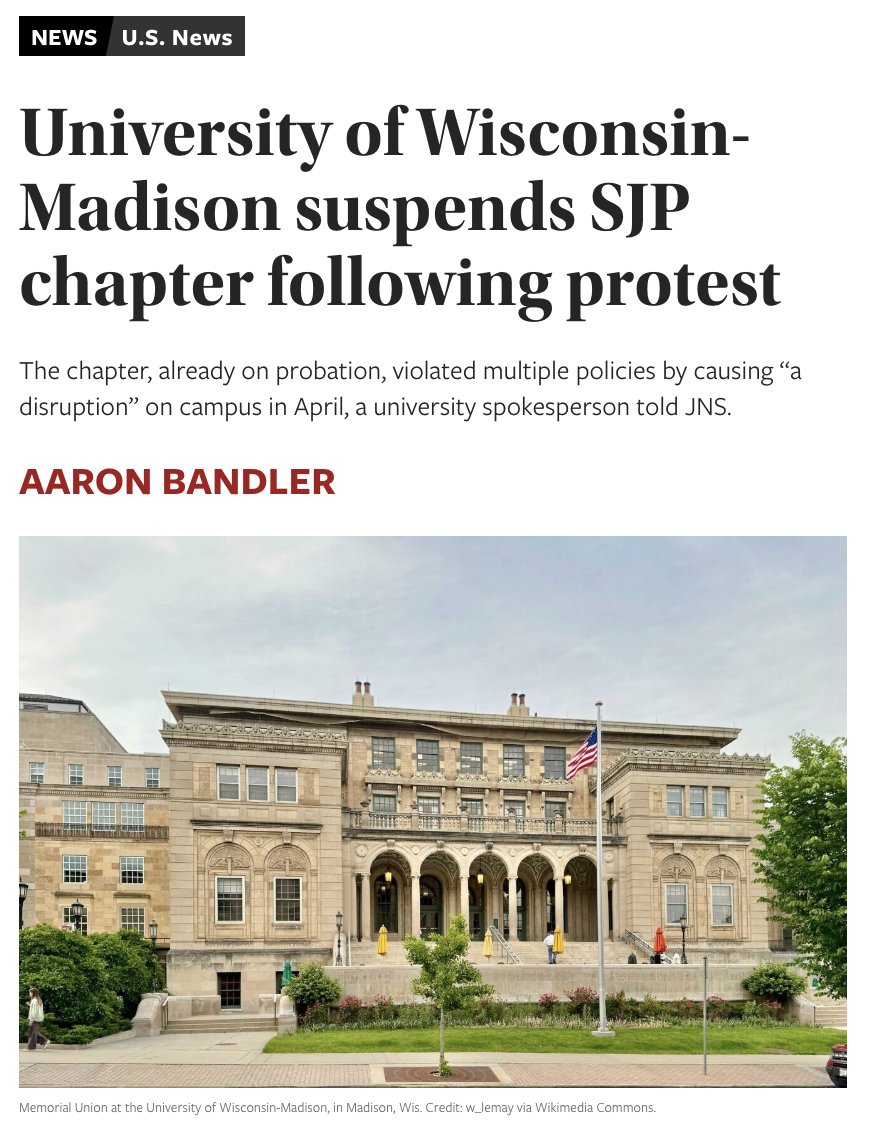 By me in <a href="/JNS_org/">Jewish News Syndicate</a>: 🧵

The University of Wisconsin-Madison has suspended its Students for Justice in Palestine chapter after the group was “found in violation of multiple rules” after an April protest.