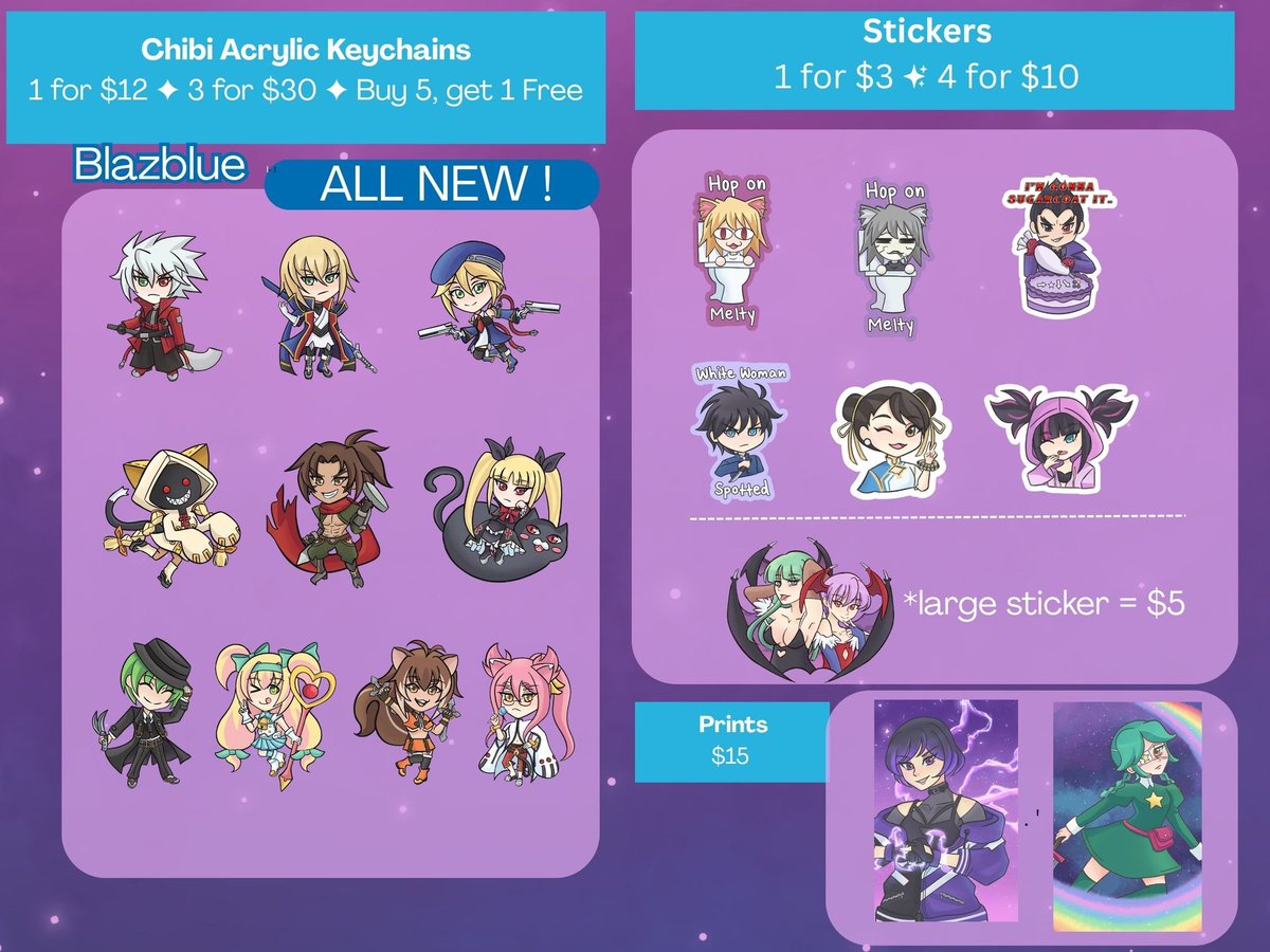This weekend, I will be at table A75 in EVO's artist alley. I wanted to highlight my fighting game specific merch, but I also have plenty more fandoms, including: Touhou, Vocaloid, Madoka, and more!

#Evo2025 #meltyblood #undernightinbirth #blazblue #tekken #streetfighter