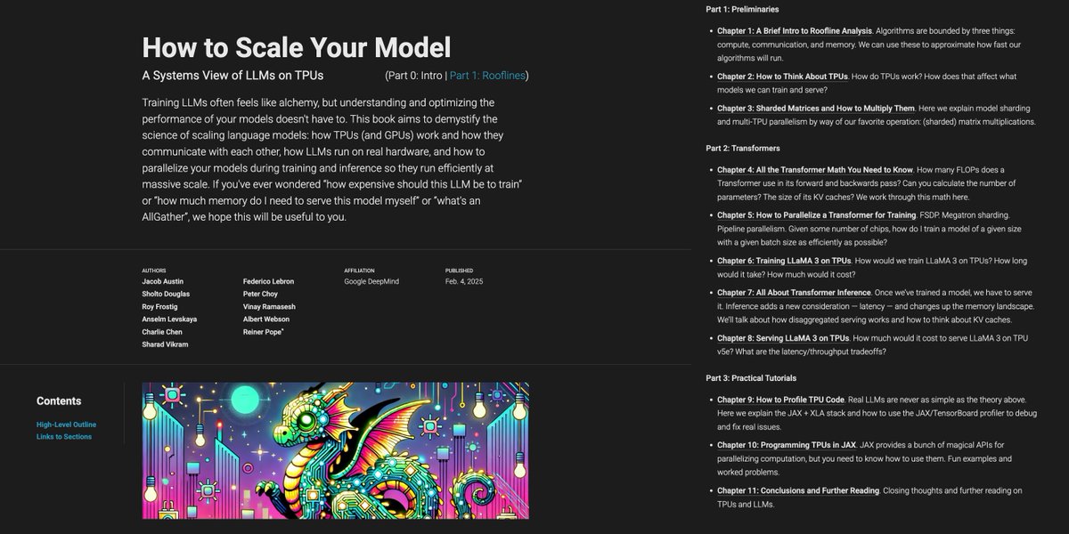 This is the best public resource on scaling hardware for AI, and its free.

"How to Scale Your Model" is the bible from Google DeepMind that covers the math, systems and scaling laws for LLM training and inference workloads.

Approachable yet thorough. Absolute Must-read.