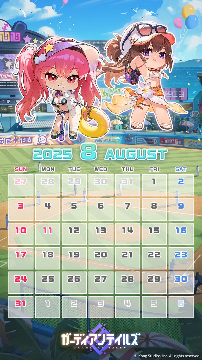 【カレンダー】
8月のカレンダーをプレゼント！
今月は「リエ」と「ランディ」のデザインでお届けします🎁

#ガーディアンテイルズ #ガデテル