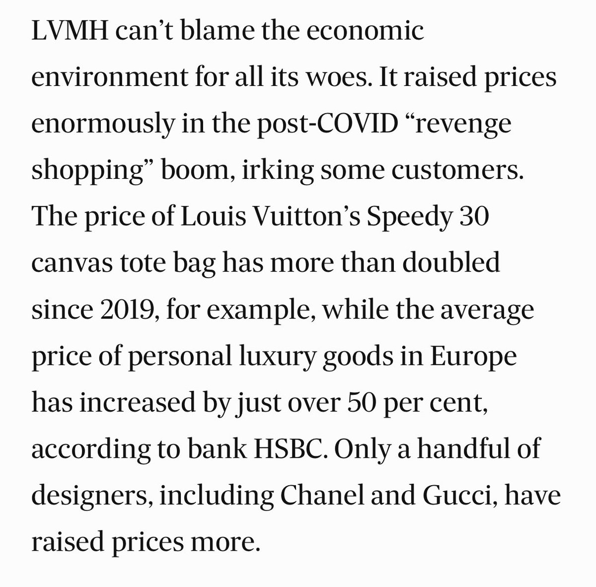 ProfByron's tweet photo. Pricing Power?  ⁦@TheEconomist⁩ reports on how LVMH has lost 25% of its market capitalisation. https://t.co/N7KufUN8Zq