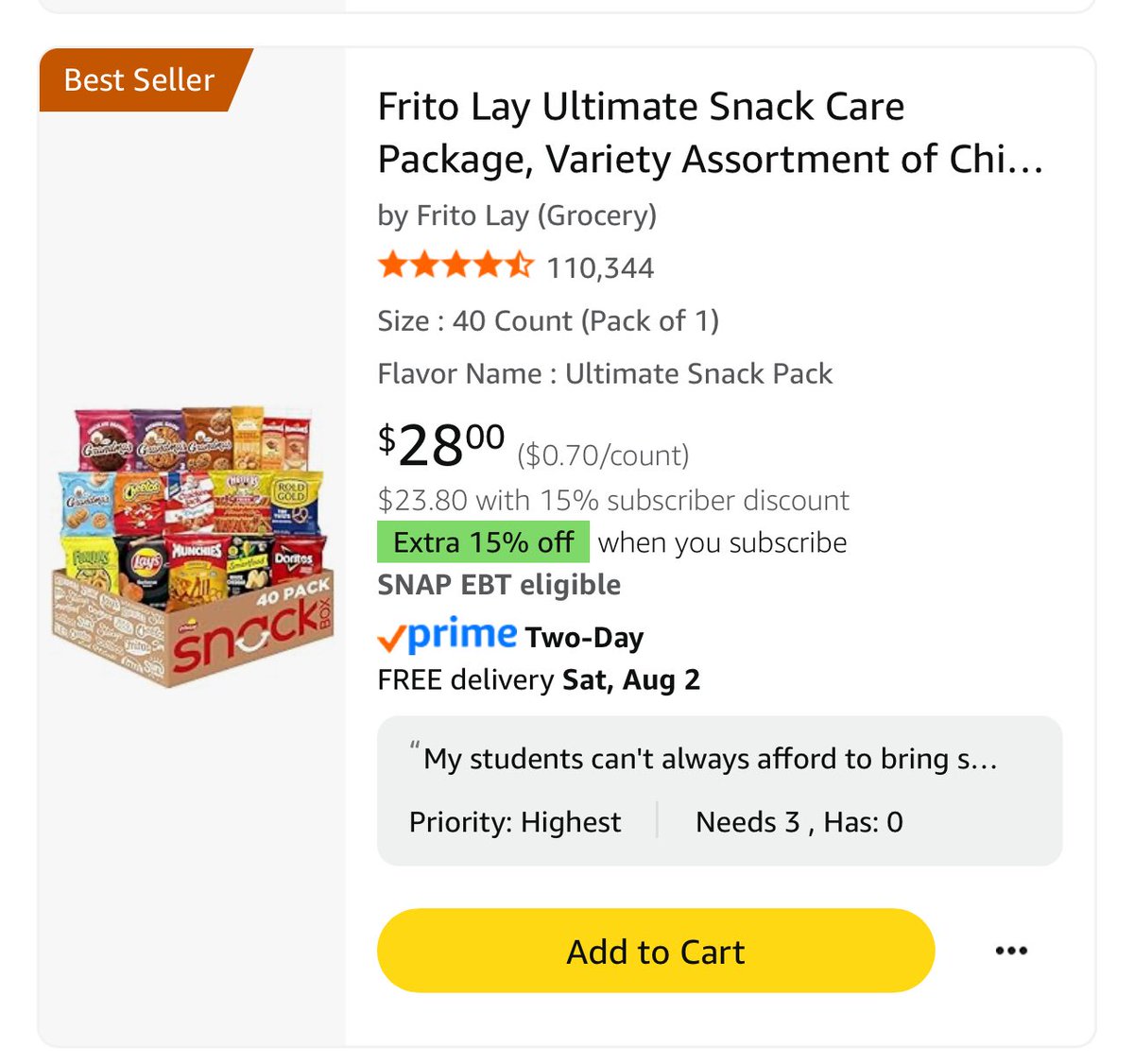 Snacks needed! My school has an extra long school day since we are 4 days a week. We also have lots of low income who have trouble sending snacks. So I really need help to fill up our snack bucket for back to school. amazon.com/hz/wishlist/ls… #clearthelist #helpme