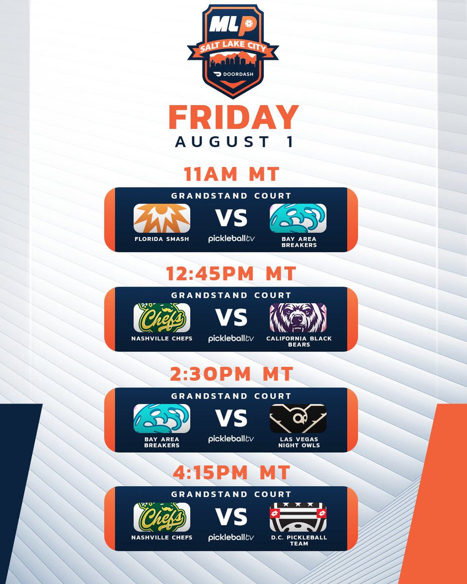 Major League Pickleball (@majorleaguepb) on Twitter photo Friday Order Of Play at The Picklr MLP Salt Lake City π
ποΈ Friday, Aug 1st
β° 11am MT (GS) / 12pm MT (CC)
πΊ <a href="/Pickleballtv/">Pickleballtv</a>
ποΈ <a href="/thepicklr/">The Picklr</a> Friday Order Of Play at The Picklr MLP Salt Lake City π
ποΈ Friday, Aug 1st
β° 11am MT (GS) / 12pm MT (CC)
πΊ <a href="/Pickleballtv/">Pickleballtv</a>
ποΈ <a href="/thepicklr/">The Picklr</a>