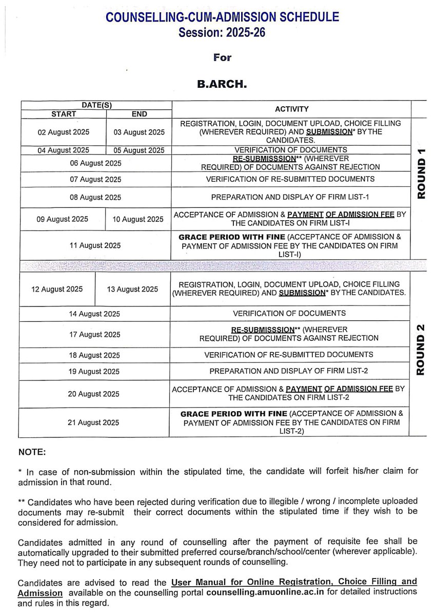 MSOAMU's tweet photo. Counselling Schedule for B.Arch. 2025-26 https://t.co/ML2Ff3LF0a