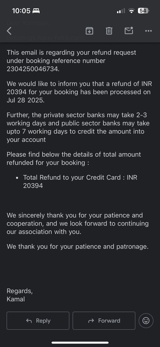 soni_pashwa's tweet photo. @YatraOfficial My refund from 14 July (Booking ID: 2304250046734) is still pending—well past the 5–7 biz day timeline. Multiple follow-ups, no proper response. Final request—resolve ASAP or I’ll take legal action &amp; move to consumer court. https://t.co/NHHvjp6JnL