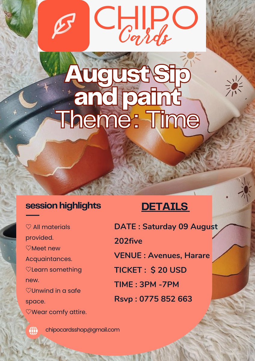 chipocards's tweet image. Are you ready Harare.
Our theme is Time and we have a few surprises that go with the theme Reserve your seats on 0775 852 663 for either the 9th and 23rd for sip and paint  the 16th for greeting card masterclass. No level of expertise required🙏 🤗..
#harareevents
