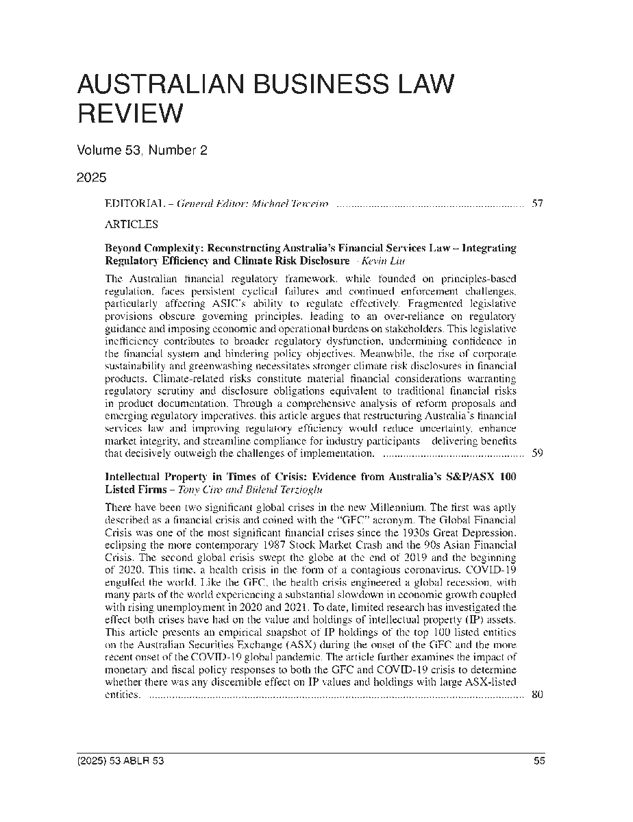 MichaelTerceiro's tweet photo. Australian Business Law Review Vol 53, Part 2 is out. This edition features three excellent contributions - (1) Beyond Complexity: Reconstructing Australia’s Financial Services Law; (2) Intellectual Property in Times of Crisis and (3) The Rise of Technology Contracts-agreements. https://t.co/05hDggDpDP