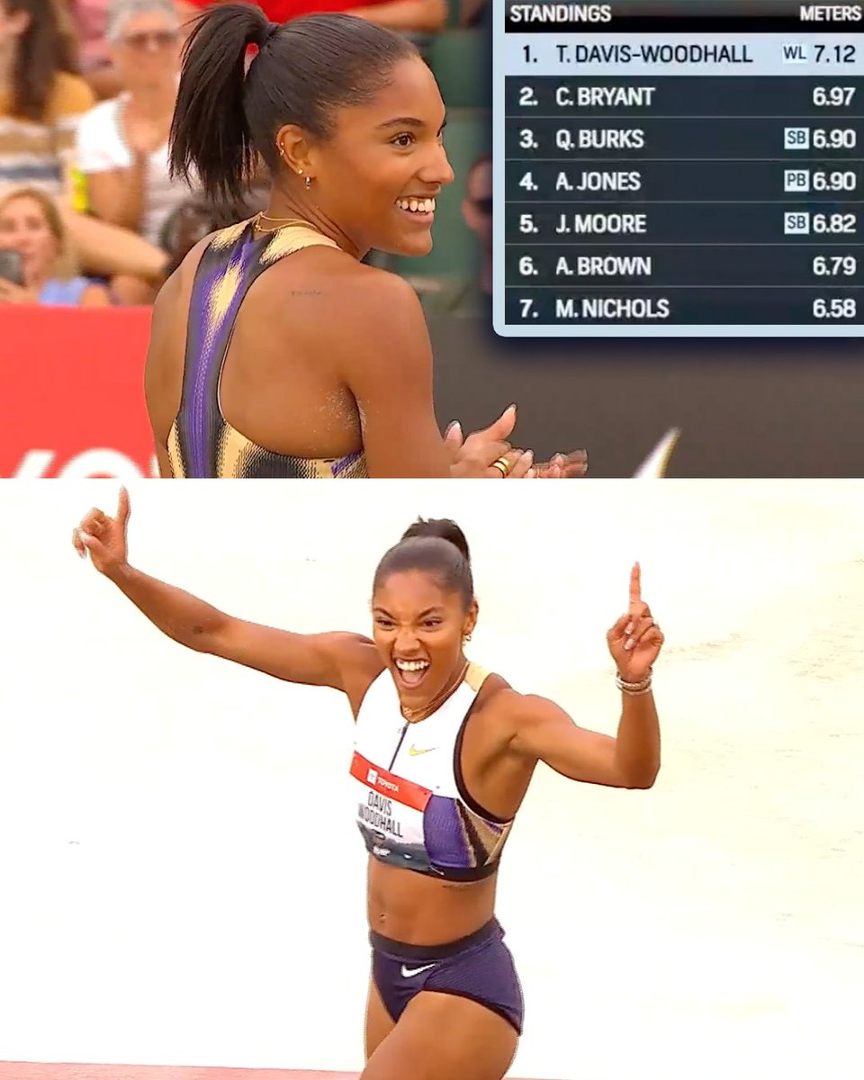 After two fouls to start the competition, Tara Davis-Woodhall sets BACK-TO-BACK long jump world leads with a 7.11m and then a 7.12m (23-4.5) to become national champion! 🙌 #USATFOutdoors