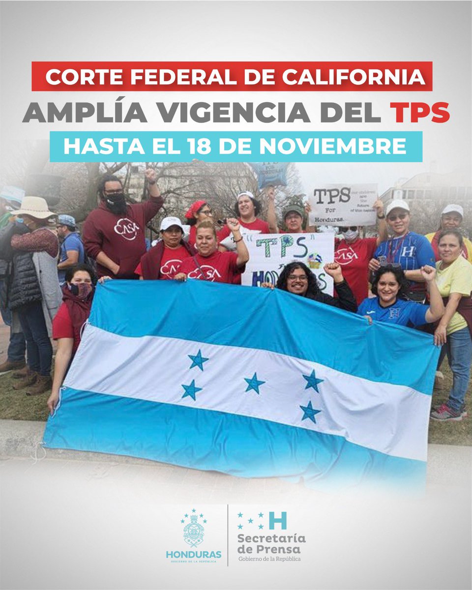 🚨¡𝐀𝐓𝐄𝐍𝐂𝐈𝐎́𝐍! La Corte Federal del Distrito Norte de California ha decidido suspender la terminación del Estatus de Protección Temporal (TPS) para los ciudadanos hondureños en los Estados Unidos.

🗓️ Esta decisión mantiene vigente el estatus actual hasta la audiencia