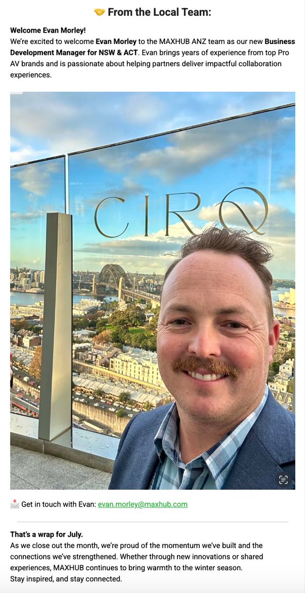 🕯 Wrapping Up July – MAXHUB Keeps the Winter Warm! what we’ve been up to:

🔧 Product Spotlight: MAXHUB Stand for Express Install
🎉 Integrate 2025 — The Countdown Begins
🤝 From the Local Team: Please join us in welcoming Evan Morley to the MAXHUB ANZ family!

#MAXHUB