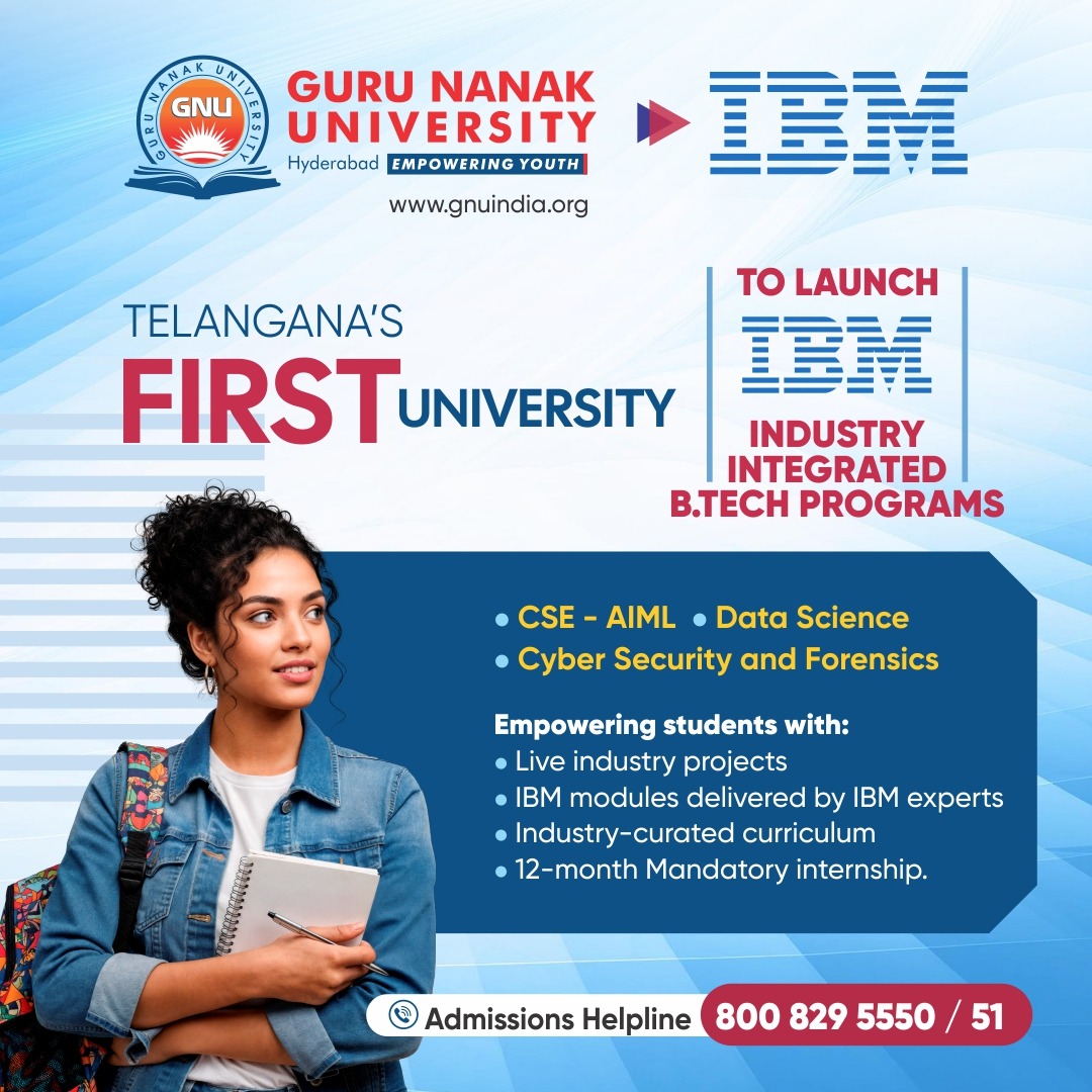 GNUIndia's tweet image. Guru Nanak University becomes Telangana’s first to launch IBM-integrated B.Tech in AIML, Data Science &amp;amp; Cyber Security with live projects &amp;amp; 12-month internship.
#GuruNanakUniversity #IBM #BTechPrograms #AIandML #DataScience #CyberSecurity #IndustryIntegrated