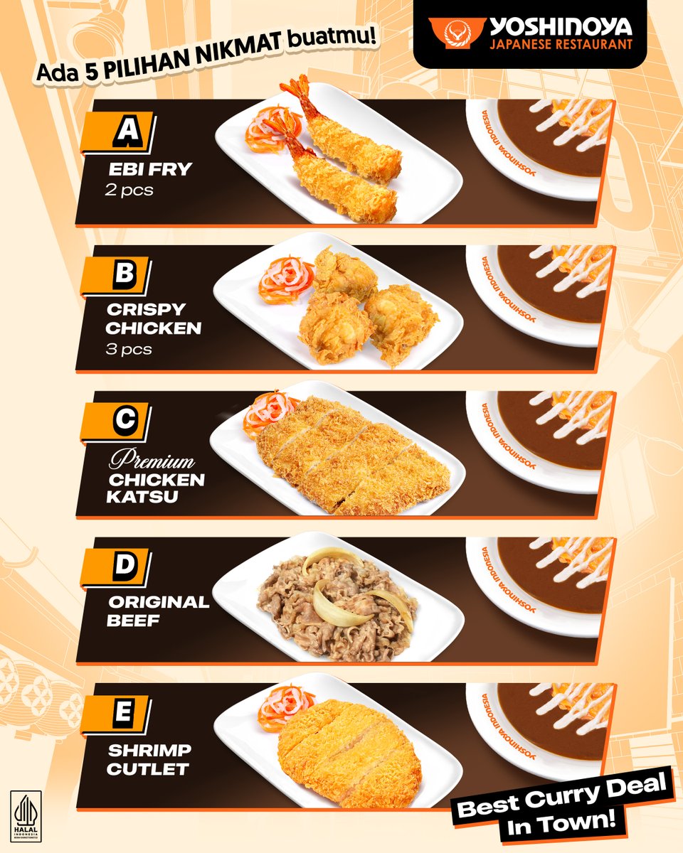 Nasi kari Jepang autentik dengan scrambled egg yang lembut, hadir dengan 5 pilihan nikmat:

A. Ebi Fry 2 pcs (FAV!) 
B. Crispy Chicken 3 pcs
C. Premium Chicken Katsu (FAV!) 
D. Original Beef 
E. Shrimp Cutlet

BEST TASTE, BEST VALUE!

#CurryYoshinoya