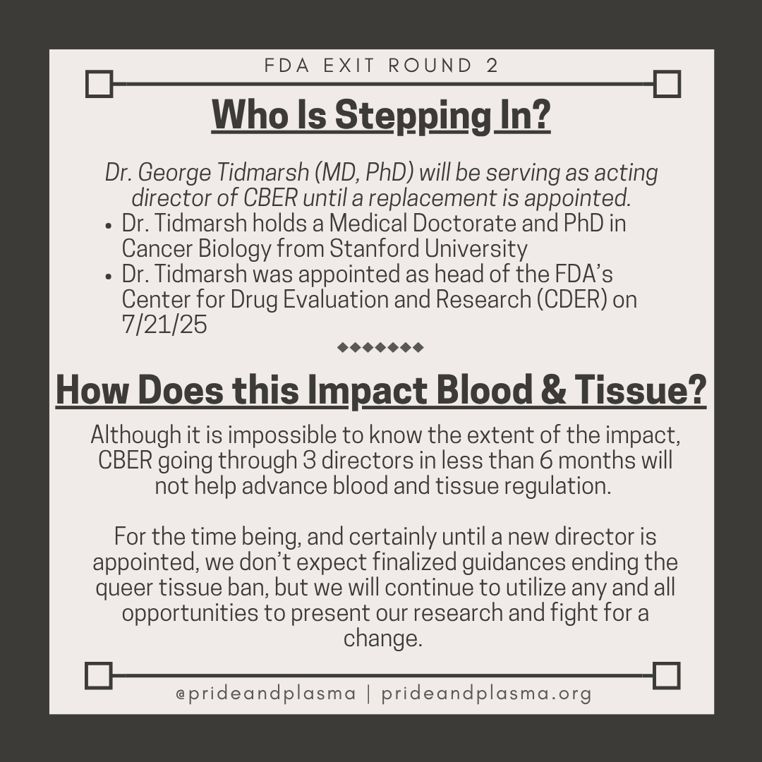 prideandplasma's tweet photo. This week, @FDACBER saw the exit of new director Vinay Prasad. Here's what happened prior and what this means for blood &amp; tissue. 
#fda #tissueban #lgbtq #lgbtqrights #tissuedonation #prideandplasma #queertissueban https://t.co/XhcjTa30ls