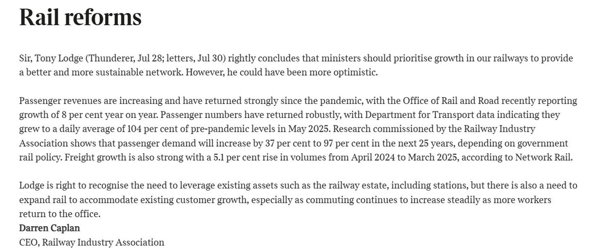 <a href="/railindustry/">RIA</a> CEO letter in Thursday's <a href="/thetimes/">The Times and The Sunday Times</a>: