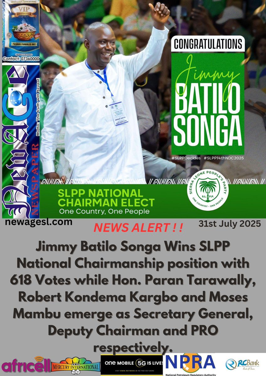 thomasdixon (@thomasd05987132) on Twitter photo Populist #JimmyBatiloSonga has been elected National Chairman of the ruling #SLPP by defeating #IngAmaraKanneh. Former Civil Society Activist <a href="/RobertKondema/">Robert Kondema Kargbo</a> and <a href="/CSOMAMBU2025/">Moses Mambu</a> have been elected Deputy National Chair and Publicity Secretary respectively while former Clerk of Populist #JimmyBatiloSonga has been elected National Chairman of the ruling #SLPP by defeating #IngAmaraKanneh. Former Civil Society Activist <a href="/RobertKondema/">Robert Kondema Kargbo</a> and <a href="/CSOMAMBU2025/">Moses Mambu</a> have been elected Deputy National Chair and Publicity Secretary respectively while former Clerk of
