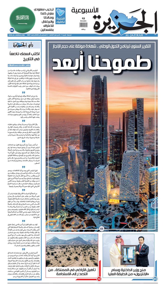 الصفحة الأولى من #الجزيرة_الأسبوعية 

صفحات الـ(PDF) عبر الرابط:

today.al-jazirah.com/flip/flipxml/?…

الموقع الإلكتروني:
al-jazirah.com