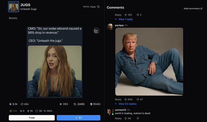 JUGS meme token image featuring a humorous CEO-CMO exchange on 9GAG
