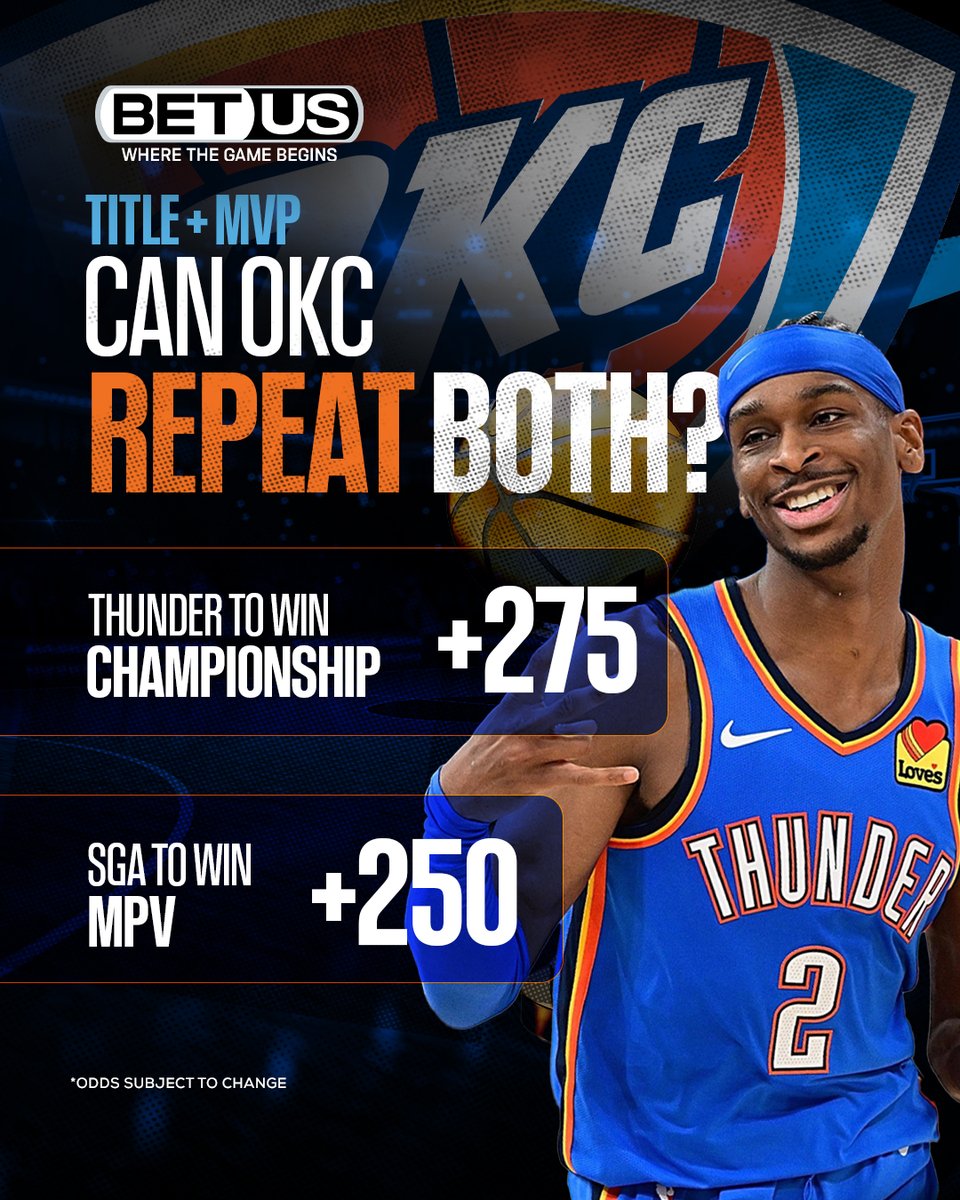 Back-to-Back Champs and MVP? Is It Possible!? 🚨

▫ Thunder to Win Championship: +275
▫ SGA to Win MVP: +250

➡ Bet your NBA futures today: bit.ly/BetUSJoinPage

#ThunderUp #NBA2026 #BetUS #MVP