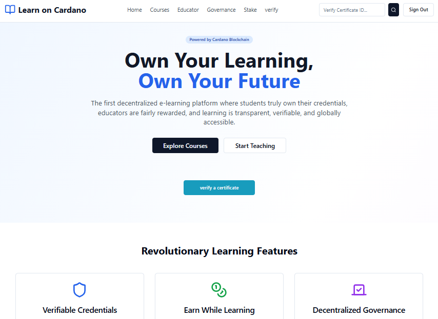Prince_Eddie01's tweet image. 🚀 Meet ProofLearn — a Web3 e-learning platform we built at the #CardanoHackathon 
🎓 Students earn real, verifiable certificates.
🧠 Built with Next.js, MongoDB, and Aiken smart contracts.
check it out 👇
proof-learn-e.vercel.app

#ProofLearn #Web3 #REACT  #Cardano #WebDev