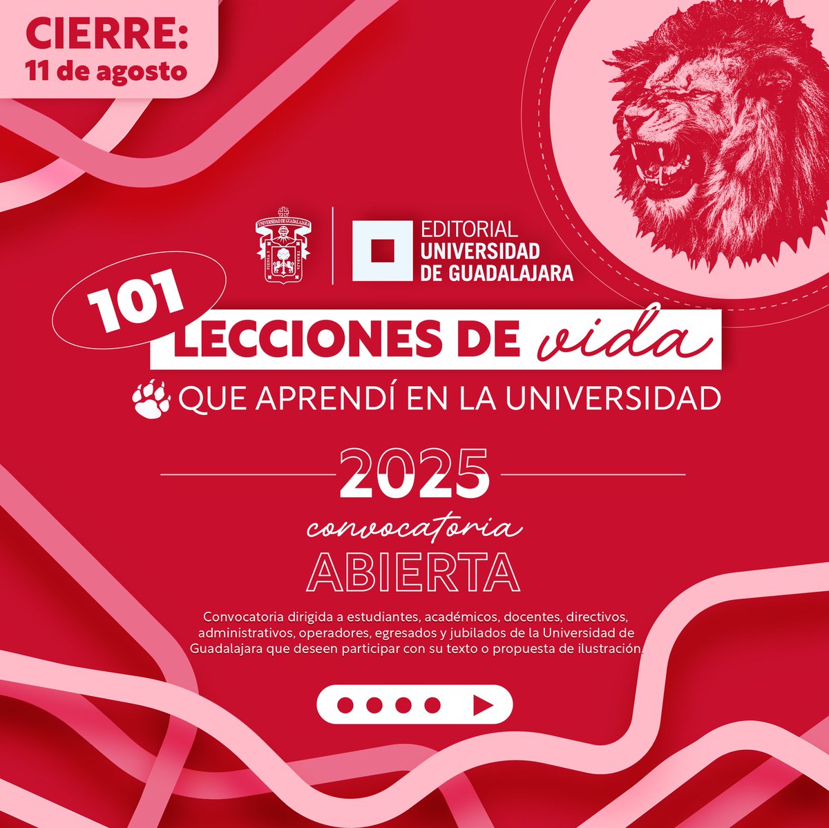 udg_oficial's tweet photo. ¿Tienes una anécdota, enseñanza o recuerdo que marcó tu paso por la universidad? ¡Queremos conocerla!

La @editorialUDG te invita a participar en el libro "101 lecciones de vida" con la que celebraremos los 100 años de nuestra refundación

🔗 https://t.co/3BaCzmL4e5 https://t.co/CLpuqlIxBG