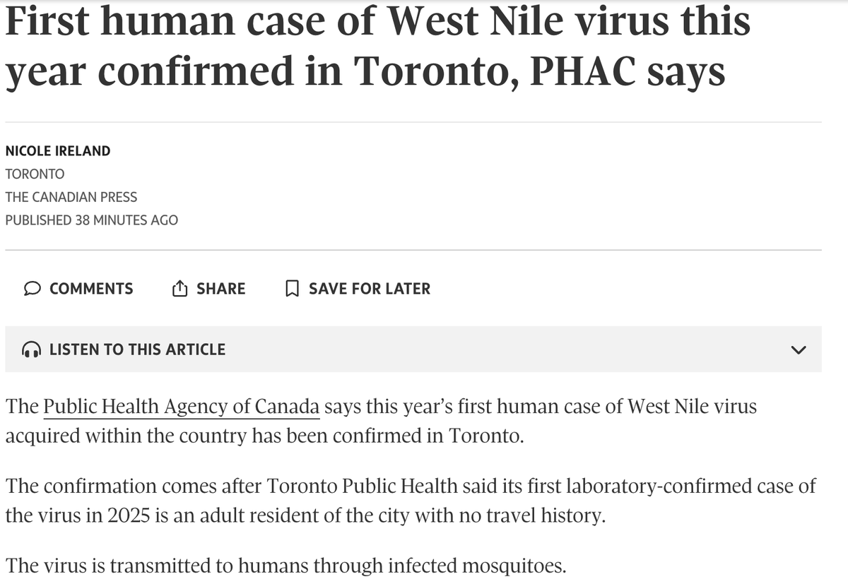 Isaac Bogoch (@bogochisaac) on Twitter photo Canada’s first human West Nile case of the year was just reported in Toronto.
Most have no symptoms, some get a fever, and rarely it manifests as a serious neurological illness.
Time for the bug spray.
Link: tinyurl.com/yjf23nd6 by <a href="/nicireland_news/">Nicole Ireland</a> Canada’s first human West Nile case of the year was just reported in Toronto.
Most have no symptoms, some get a fever, and rarely it manifests as a serious neurological illness.
Time for the bug spray.
Link: tinyurl.com/yjf23nd6 by <a href="/nicireland_news/">Nicole Ireland</a>