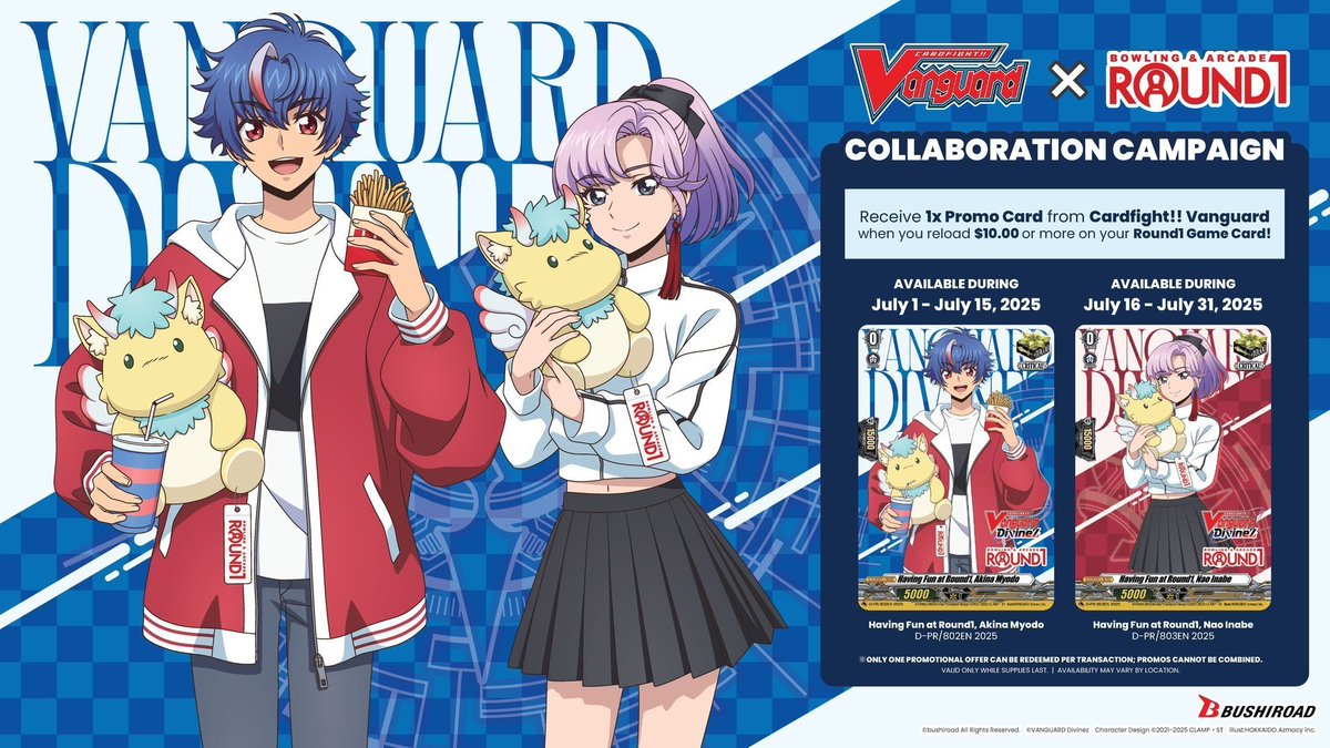 cfvanguard_en's tweet photo. 🎳 Cardfight!! Vanguard ✕ Round1 Collaboration 🎳

Part 2 of the #CardfightVanguard ✕ #Round1 Collaboration ends today! Don't miss it! 🧸🕹️🍟

📅: July 16 - 31, 2025 (Part 2)
🔎: https://t.co/v9VFqfQChG

#CardfightVanguard #Round1USA #CFVR1Collab https://t.co/pm3u7Z7wyv