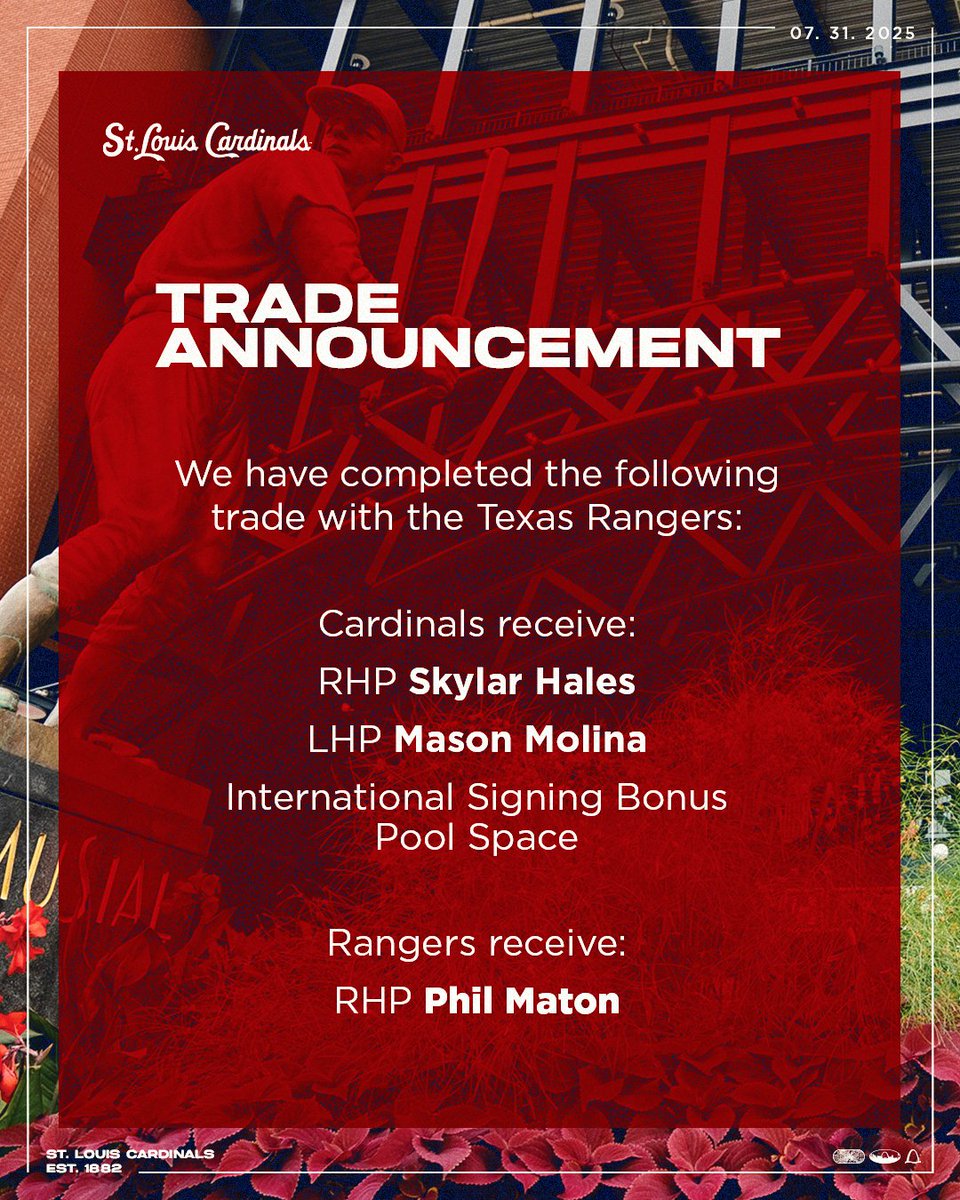 We have acquired RHP Skylar Hales, LHP Mason Molina, and international signing bonus pool space from the Texas Rangers in exchange for RHP Phil Maton.