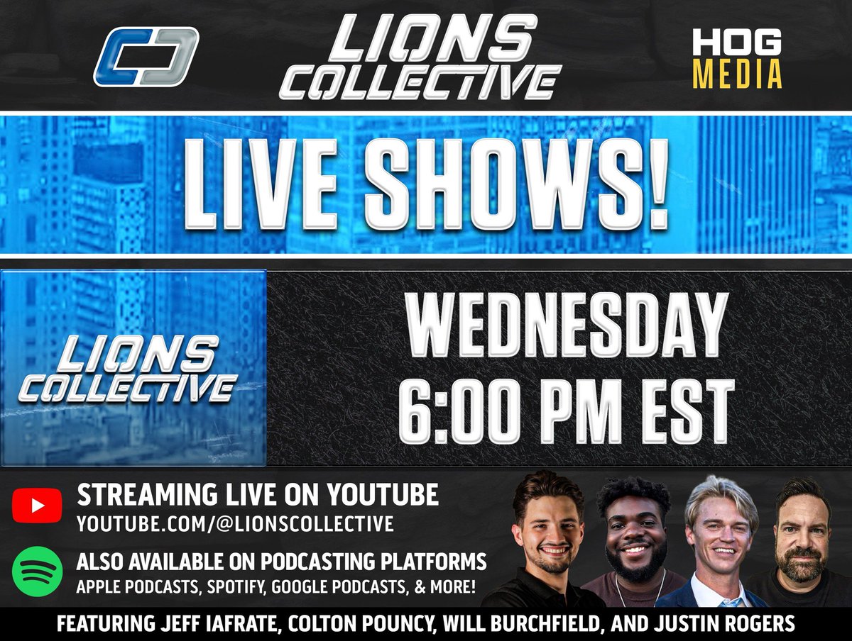jeffiafrate's tweet image. A weekly Detroit Lions podcast you won’t want to miss.. 

@Justin_Rogers, @burchie_kid, and @colton_pouncy and myself are joining forces to produce weekly Detroit Lions content!

Check out Detroit Lions Collective every Wednesday at 6pm EST. 

#OnePride