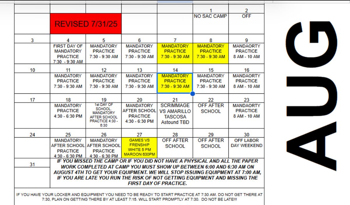***REVISED PRACTICE SCHEDULE FOR AUGUST***